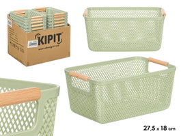 Kipit Cesta de Plástico PP con Asa de Bambú Verde, Dimensiones 27.5x18x12.5 cm (Set de 24)