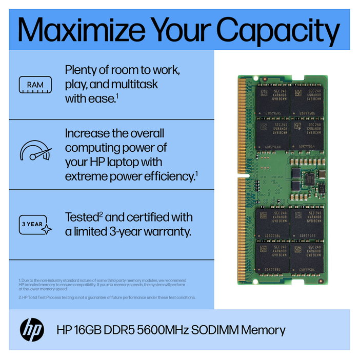 HP Memoria 16 GB DDR5 5600 SODIMM 262-pin HP Memoria 16 GB DDR5 5600 SODIMM 262-pin