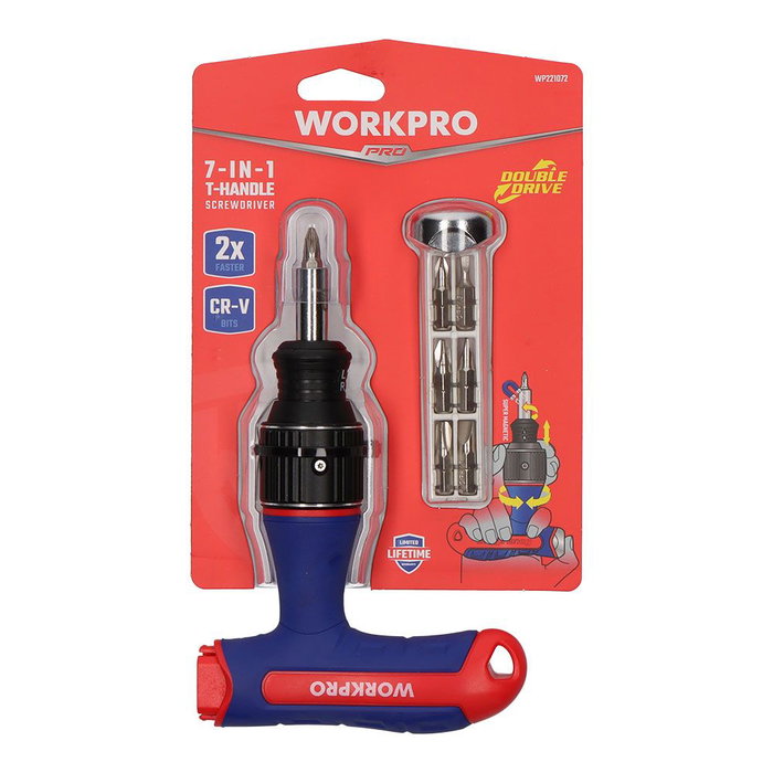 Workpro Destornillador de Carraca T 8 Piezas, 2 Veces Más Rápido, Mango Ergonómico, 7 Puntas Acero Cromo Vanadio, Rojo/Azul