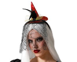 Sombrero de Bruja Rojo con Velo Negro y Plumas para Disfraz Halloween