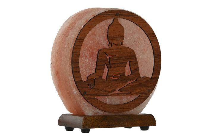 Lámpara de Sal del Himalaya Sobremesa Árabe con Buda, Acabado Natural Marrón y Rosa, 7x18x16 cm, Incluye Bombilla E14