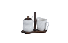 DKD Home Decor Set de 2 Azucareros de Porcelana y Bambú con Relieve, Blanco y Marrón Oscuro