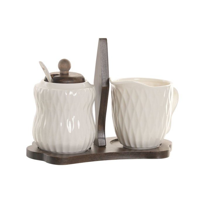 DKD Home Decor Set de 2 Azucareros de Porcelana y Bambú con Relieve, Blanco y Marrón Oscuro