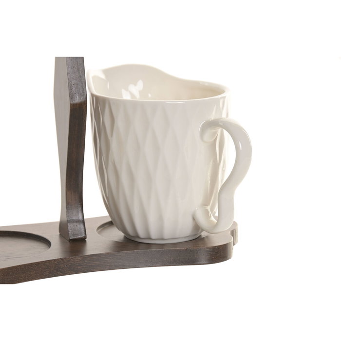 DKD Home Decor Set de 2 Azucareros de Porcelana y Bambú con Relieve, Blanco y Marrón Oscuro