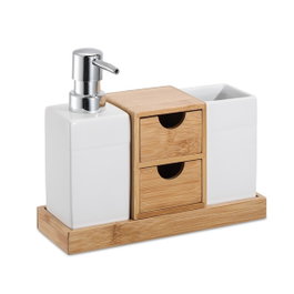 DKD Home Decor Set de 4 Accesorios de Baño de Dolomite y Bambú Natural