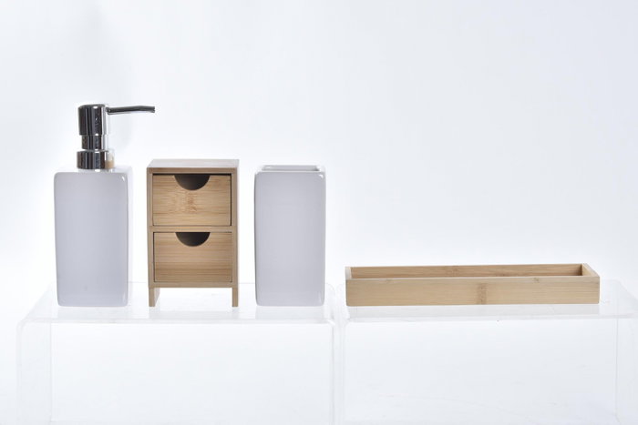 DKD Home Decor Set de 4 Accesorios de Baño de Dolomite y Bambú Natural