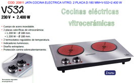 JATA Cocina Eléctrica Vitrocerámica V-532 con 2 Placas de 180 mm, 2.400 W