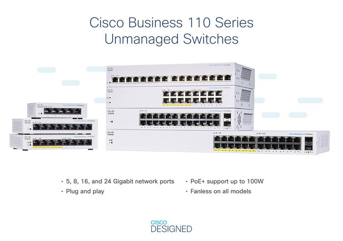 Cisco Unmanaged Switch, 24 x 10/100/1000 Puertos, 2 x Gigabit SFP Combo, EU, RF