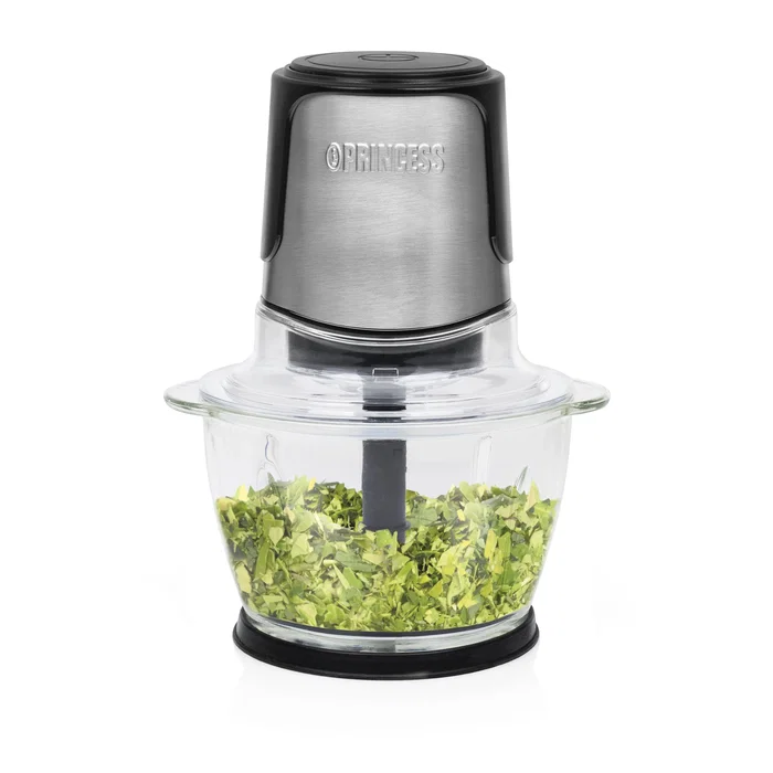 Princess 221051 Picadora Eléctrica 300W 1 Litro con 2 Cuchillas de Acero Inoxidable, Recipiente de Cristal, Base Antideslizante y Apta para Lavavajillas