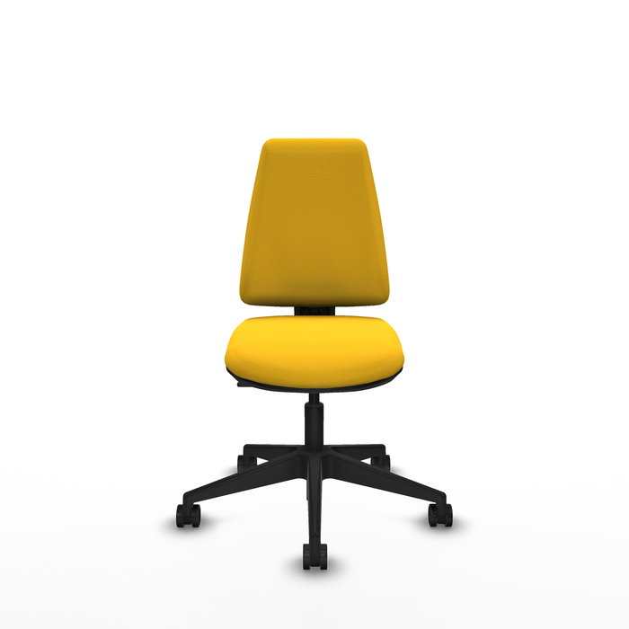 Silla de oficina Elche con mecanismo Contacto permanente básico tapizada con Similpiel color Amarillo. Equipada con Base piramidal negra, Sin brazos y Ruedas 65mm nailon