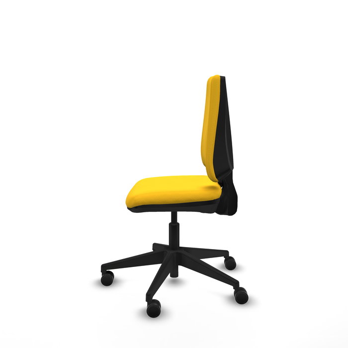 Silla de oficina Elche con mecanismo Contacto permanente básico tapizada con Similpiel color Amarillo. Equipada con Base piramidal negra, Sin brazos y Ruedas 65mm nailon