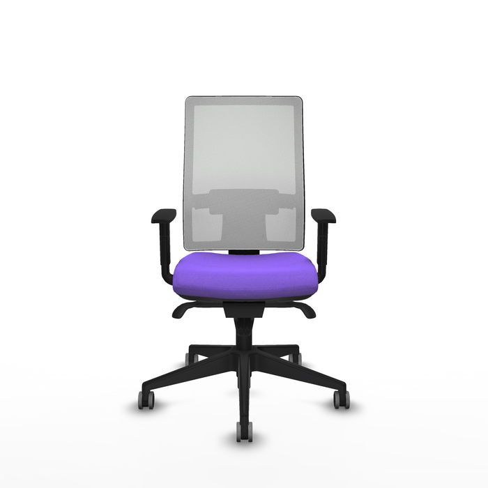 Silla de oficina Horna con mecanismo Sincro tapizada con Tela color Lila y malla color Blanco. Equipada con lumbar 1D, Brazos 1D y Ruedas 65 mm parqué