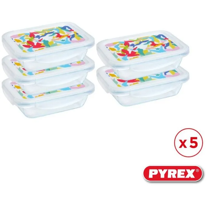 Pyrex PYR3426470303101 Fiambrera Juego de 5 Recipientes de Vidrio Rectangular con Tapa Hermética 0.80 Litros Diseño Abstracto Pyrex PYR3426470303101 Fiambrera Juego de 5 Recipientes de Vidrio Rectangular con Tapa Hermética 0.80 Litros Diseño Abstracto