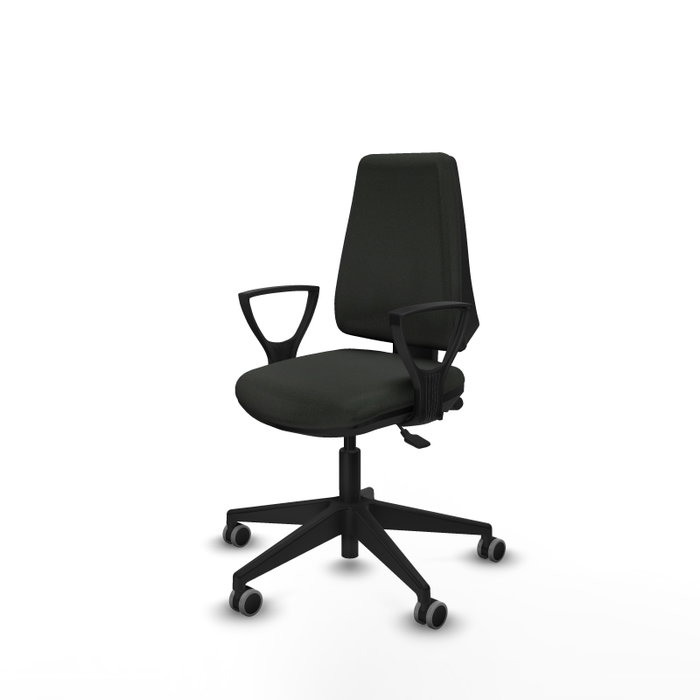 Silla de oficina Elche con mecanismo Asincro tapizada con Tela color Negro. Equipada con Base piramidal negra, Brazos fijos y Ruedas 65 mm parqué