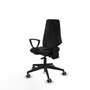Silla de oficina Elche con mecanismo Asincro tapizada con Tela color Negro. Equipada con Base piramidal negra, Brazos fijos y Ruedas 65 mm parqué