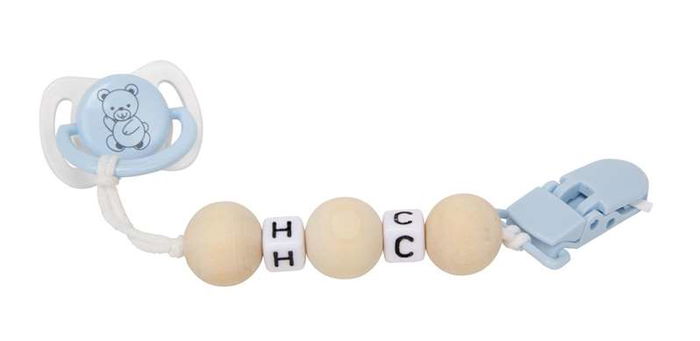 Muñecas Arias Set Chupete Azul/Blanco con Cadena de Bolas de Madera y Pinza Blanca