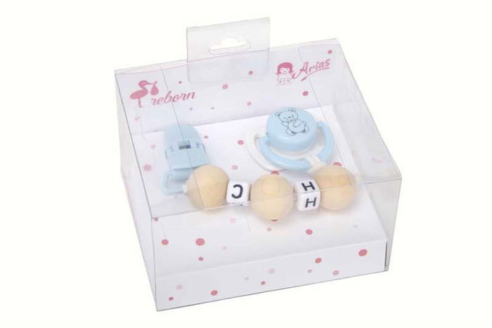 Muñecas Arias Set Chupete Azul/Blanco con Cadena de Bolas de Madera y Pinza Blanca