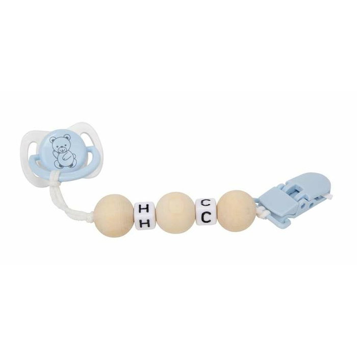 Muñecas Arias Set Chupete Azul/Blanco con Cadena de Bolas de Madera y Pinza Blanca