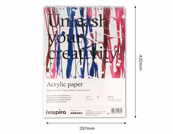 Innspiro Bloc de papel para acrílico A3, 12 páginas, 400g Innspiro Bloc de papel para acrílico A3, 12 páginas, 400g