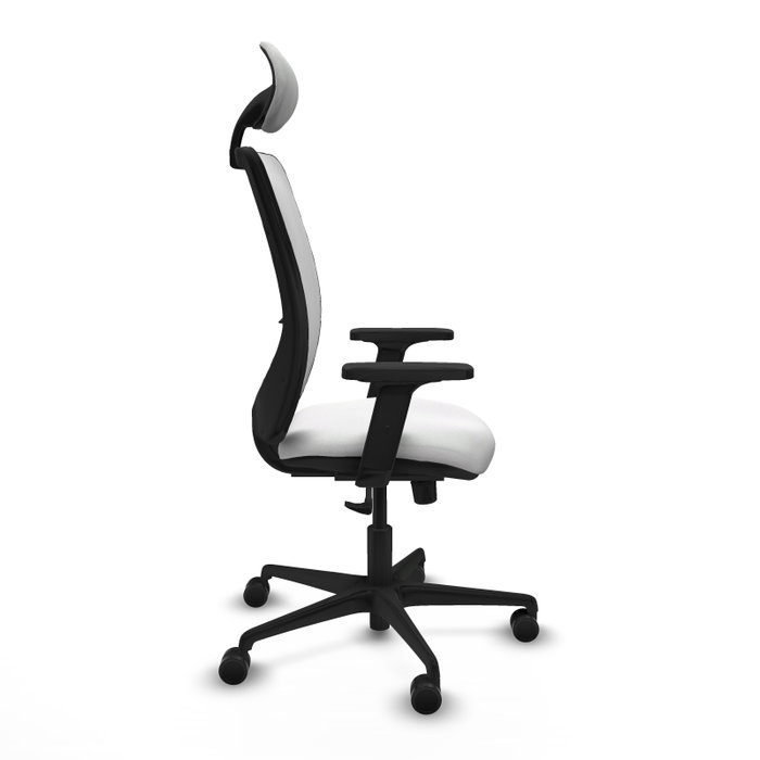 Silla de oficina Zulema con mecanismo Sincro tapizada con Tela color Blanco. Equipada con lumbar 1D, Brazos 2D, Cabecero Fijo y Ruedas 65mm nailon