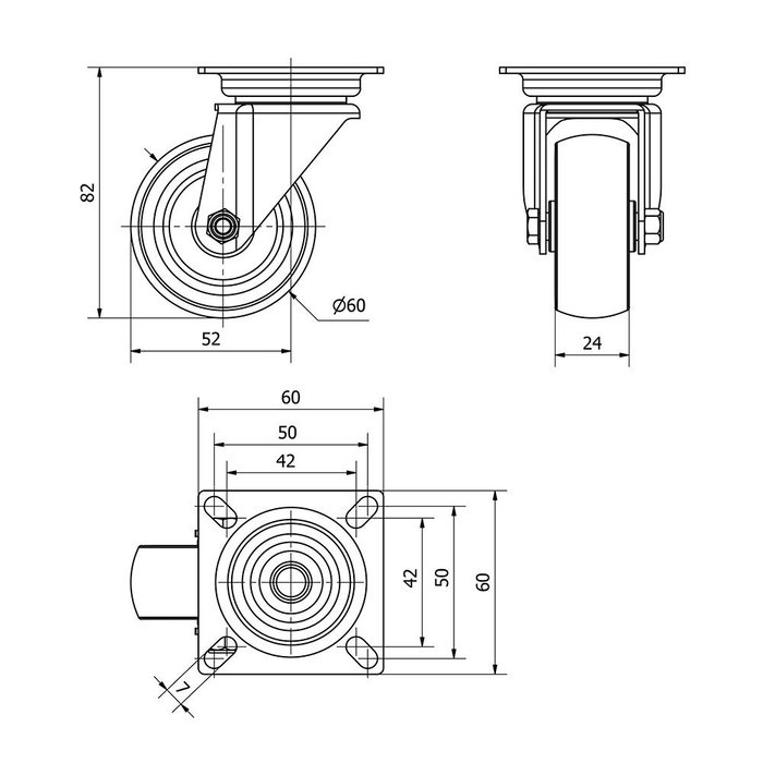 Ruedas Alex Rueda Giratoria con Placa y Eje Liso Ø 6 cm Gris Goma Poliamix Carga Máx. 50 kg