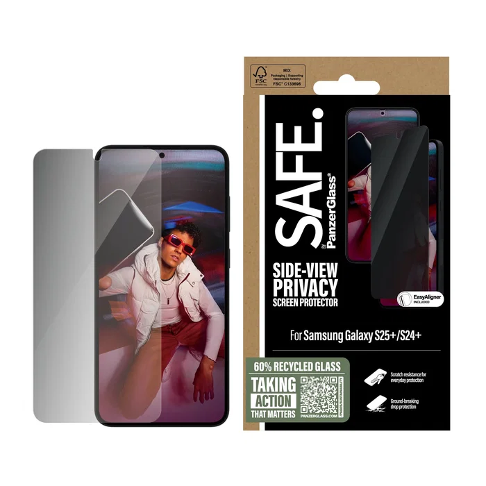PanzerGlass SAFE. Protector de Pantalla de Privacidad y Seguridad con EasyAligner para Samsung Galaxy S25+ S24+ Ultra-Wide Fit - Vidrio Templado Anti-Huellas
