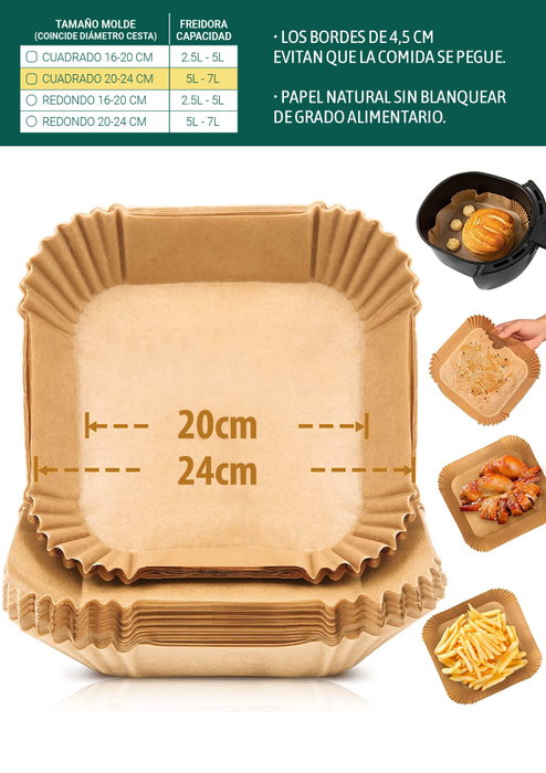 Algon Set de 20 Bases de Papel para Airfryer Cuadradas 24 x 24 cm (24 Unidades)