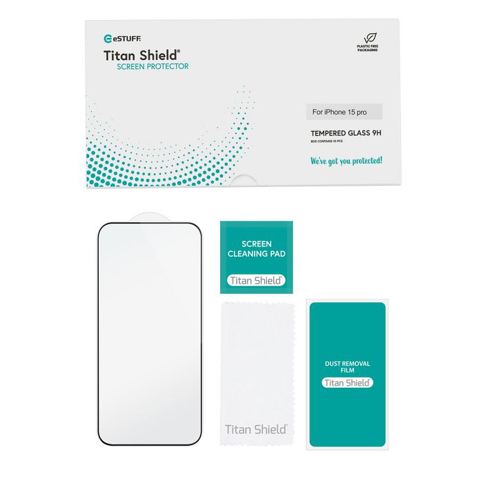 eSTUFF Titan Shield® INFINITE Protector de Pantalla Full Cover de Vidrio Reciclado 9H para iPhone 15 Pro - 10 unidades