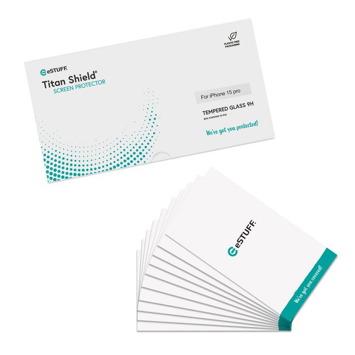 eSTUFF Titan Shield® INFINITE Protector de Pantalla Full Cover de Vidrio Reciclado 9H para iPhone 15 Pro - 10 unidades