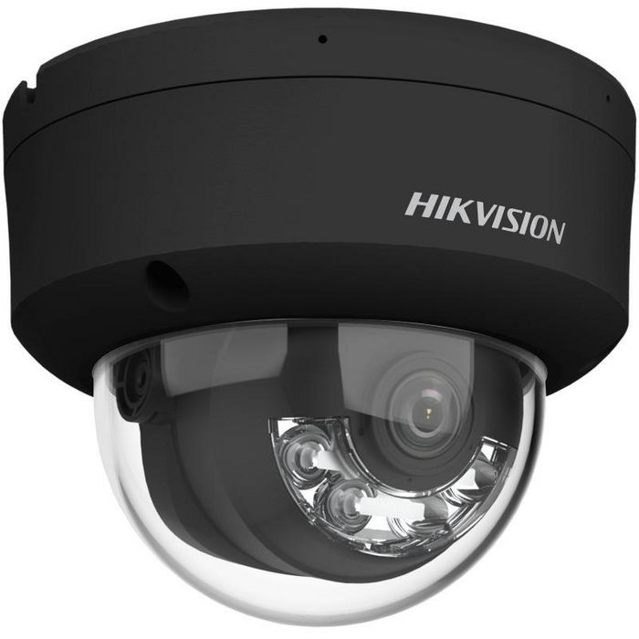 Hikvision DS-2CD2347G2-LIS Cámara IP Domo 4MP Smart Hybrid Light ColorVu 2.8mm WDR IK10 IP67 PoE Audio Alarma Negra