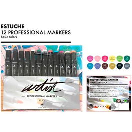 Alex Bog Rotuladores Gama Artist Doble Punta Fina-Biselada Estuche 12 Unidades Surtidos Básicos