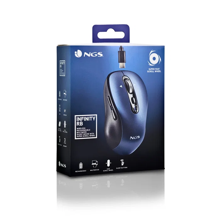 NGS INFINITY RB Ratón Inalámbrico Recargable para Oficina, Ambidiestro, 3200 DPI, Bluetooth 5.1 y RF 2.4GHz, 6 Botones Silenciosos, Multidispositivo (Negro/Azul)