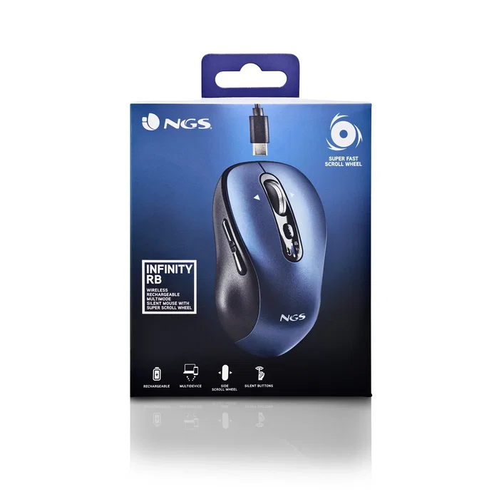 NGS INFINITY RB Ratón Inalámbrico Recargable para Oficina, Ambidiestro, 3200 DPI, Bluetooth 5.1 y RF 2.4GHz, 6 Botones Silenciosos, Multidispositivo (Negro/Azul)