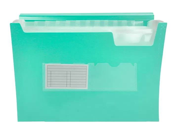 Liderpapel Carpeta Clasificador Fuelle Polipropileno DIN A4 Verde Opaco 13 Departamentos Cierre Gomas 2 Huecos Tarjetas Etiquetas Meses A-Z
