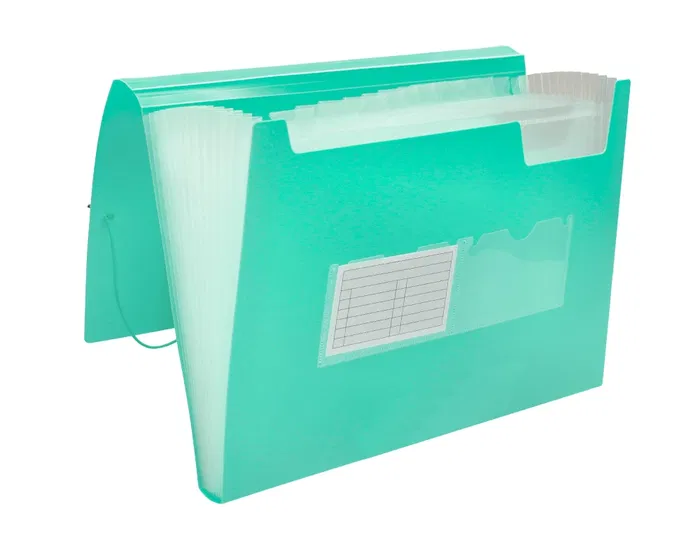 Liderpapel Carpeta Clasificador Fuelle Polipropileno DIN A4 Verde Opaco 13 Departamentos Cierre Gomas 2 Huecos Tarjetas Etiquetas Meses A-Z