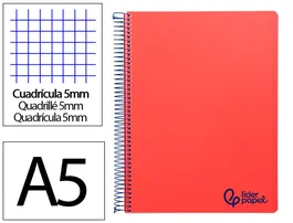 Liderpapel Cuaderno espiral micro wonder A5 120h 90gr cuadro 5mm tapa plástico 6 bandas 6 taladros color rojo