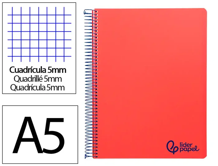 Liderpapel Cuaderno espiral micro wonder A5 120h 90gr cuadro 5mm tapa plástico 6 bandas 6 taladros color rojo Liderpapel Cuaderno espiral micro wonder A5 120h 90gr cuadro 5mm tapa plástico 6 bandas 6 taladros color rojo