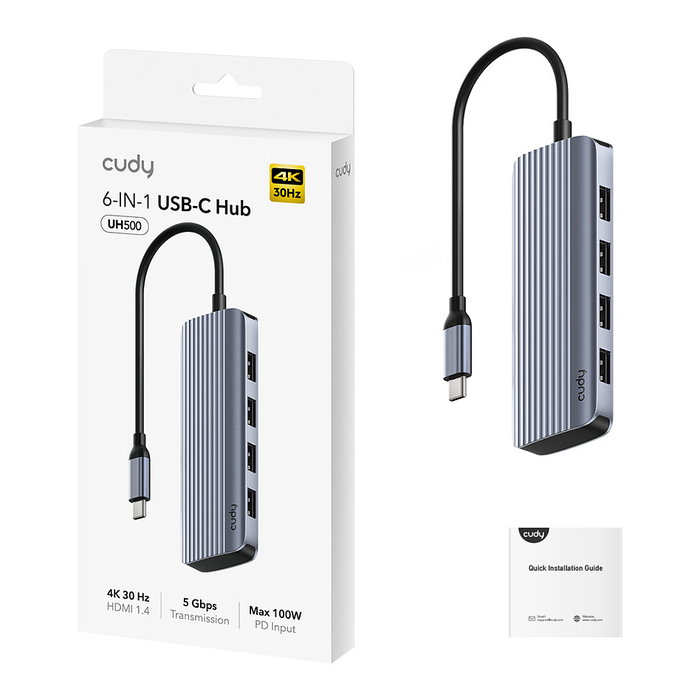 Cudy UH500 Hub USB-C 6 en 1 con HDMI 4K a 120Hz, 4 Puertos USB 3.2, Gris/Plata para Mac, Windows, iOS, Android Cudy UH500 Hub USB-C 6 en 1 con HDMI 4K a 120Hz, 4 Puertos USB 3.2, Gris/Plata para Mac, Windows, iOS, Android