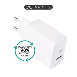 eSTUFF INFINITE Cargador USB-C PD 20W + USB-A 12W Enchufe EU Blanco 98% Plástico Reciclado