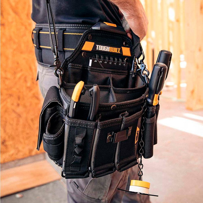 Toughbuilt Bolsa de Herramientas para Electricista con Sistema ClipTech, Correa Acolchada, 25 Bolsillos, Soporte para Multímetro y Linterna, 30 x 14 x 34 cm