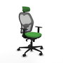 Silla de oficina Jorquera con mecanismo Sincro tapizada con Tela color Verde y malla color Gris. Equipada con lumbar 1D, Brazos 1D, Cabecero 2D y Ruedas 65mm nailon