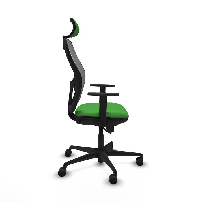 Silla de oficina Jorquera con mecanismo Sincro tapizada con Tela color Verde y malla color Gris. Equipada con lumbar 1D, Brazos 1D, Cabecero 2D y Ruedas 65mm nailon