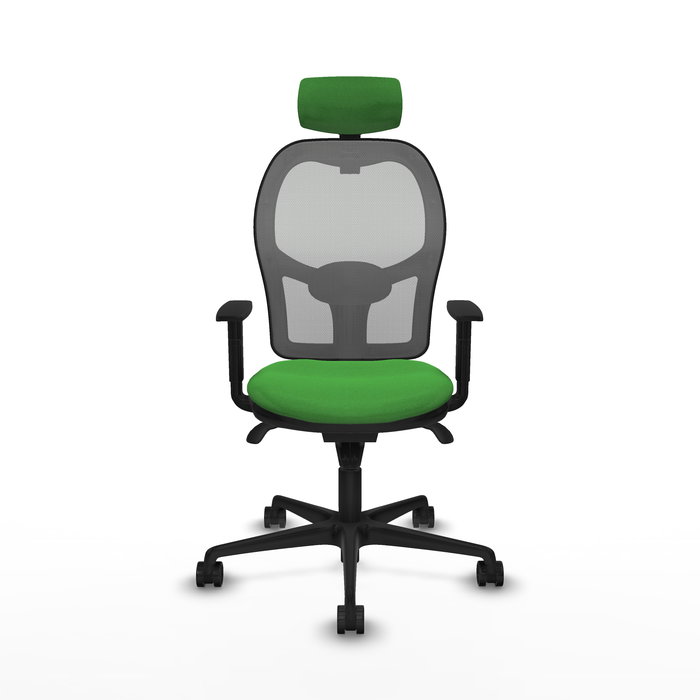 Silla de oficina Jorquera con mecanismo Sincro tapizada con Tela color Verde y malla color Gris. Equipada con lumbar 1D, Brazos 1D, Cabecero 2D y Ruedas 65mm nailon