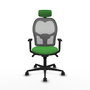 Silla de oficina Jorquera con mecanismo Sincro tapizada con Tela color Verde y malla color Gris. Equipada con lumbar 1D, Brazos 1D, Cabecero 2D y Ruedas 65mm nailon