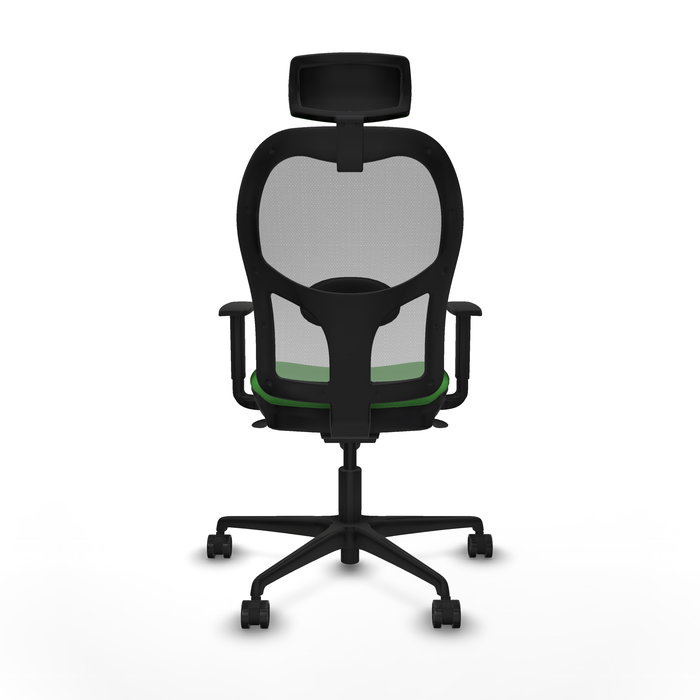 Silla de oficina Jorquera con mecanismo Sincro tapizada con Tela color Verde y malla color Gris. Equipada con lumbar 1D, Brazos 1D, Cabecero 2D y Ruedas 65mm nailon