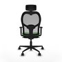 Silla de oficina Jorquera con mecanismo Sincro tapizada con Tela color Verde y malla color Gris. Equipada con lumbar 1D, Brazos 1D, Cabecero 2D y Ruedas 65mm nailon
