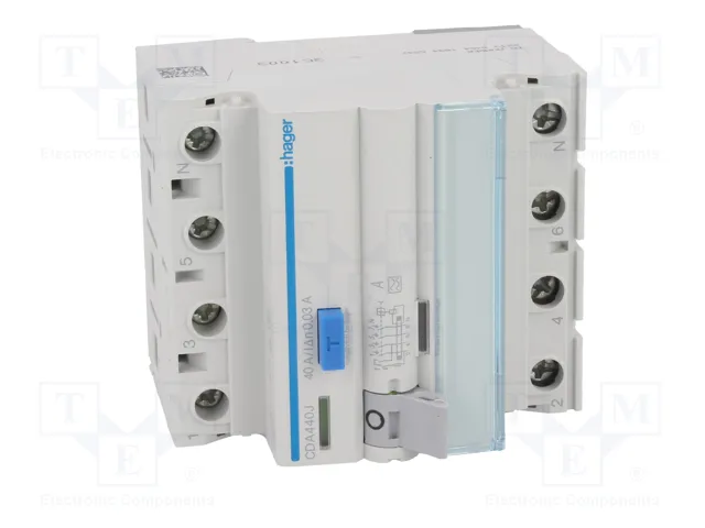 Hager RCCB Interruptor diferencial 3P+N 40A 30mA 6kA Clase A CDA440J