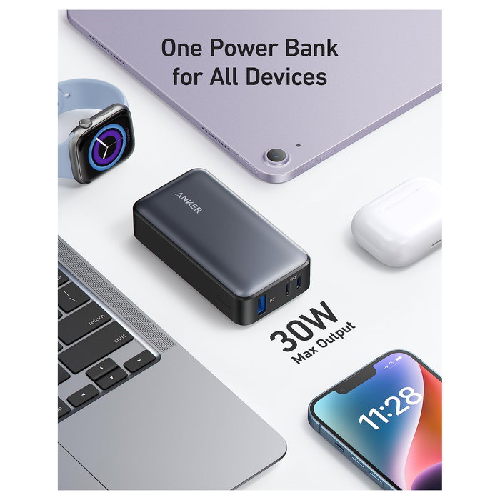 Anker 533 PowerCore Power Bank 10000mAh Negro - 30W PD, 1 USB-A, 2 USB-C, Pantalla, Carga Rápida