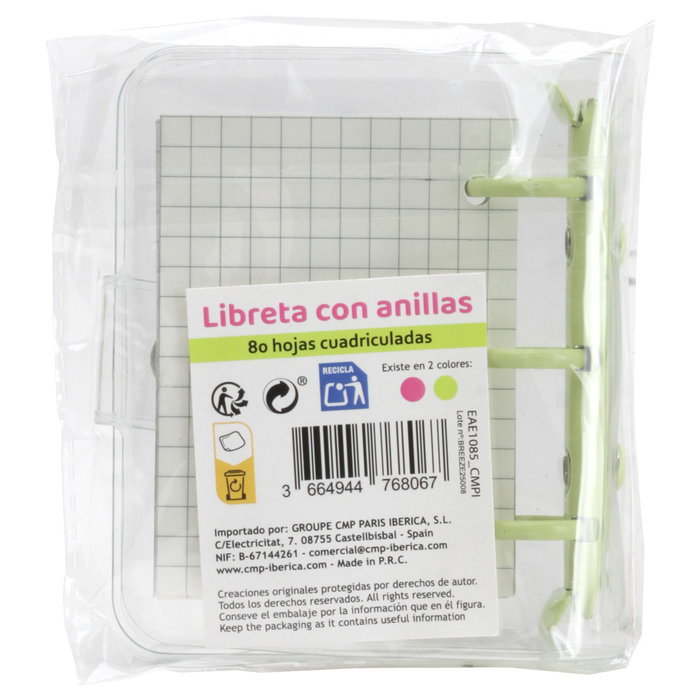 CMP General - Libreta de Anillas Mini con Tapa de Plástico y Cierre, Bolsillos Internos, 80 Hojas Cuadriculadas, 8.5 x 2.5 cm, Colores Surtidos