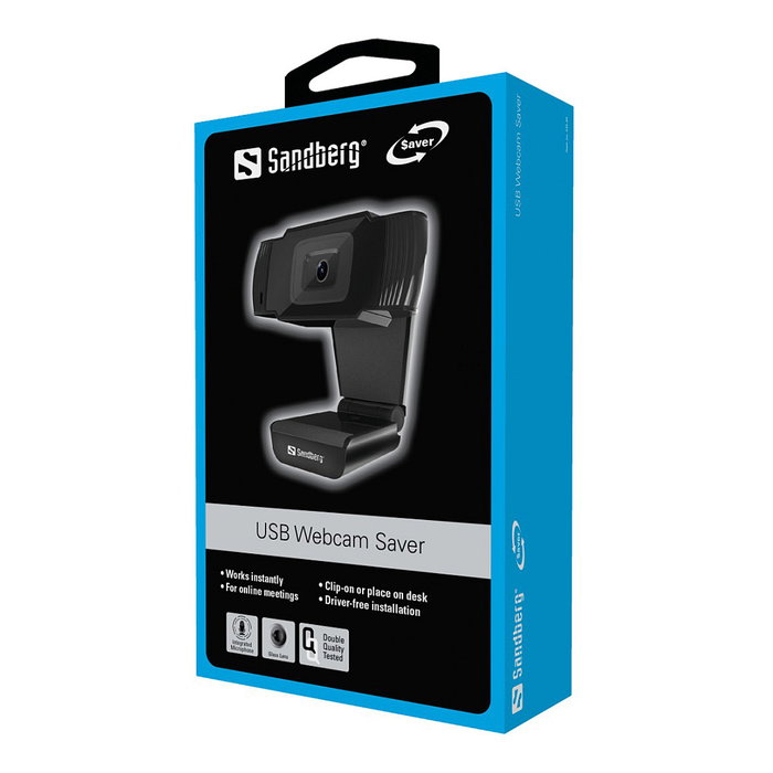 SANDBERG USB Webcam 480P Saver, 0.3 MP CMOS, 640x480@30fps, Micrófono Incorporado, Negro, Compatible con Windows 10, 7, 8, XP, Vista, MAC